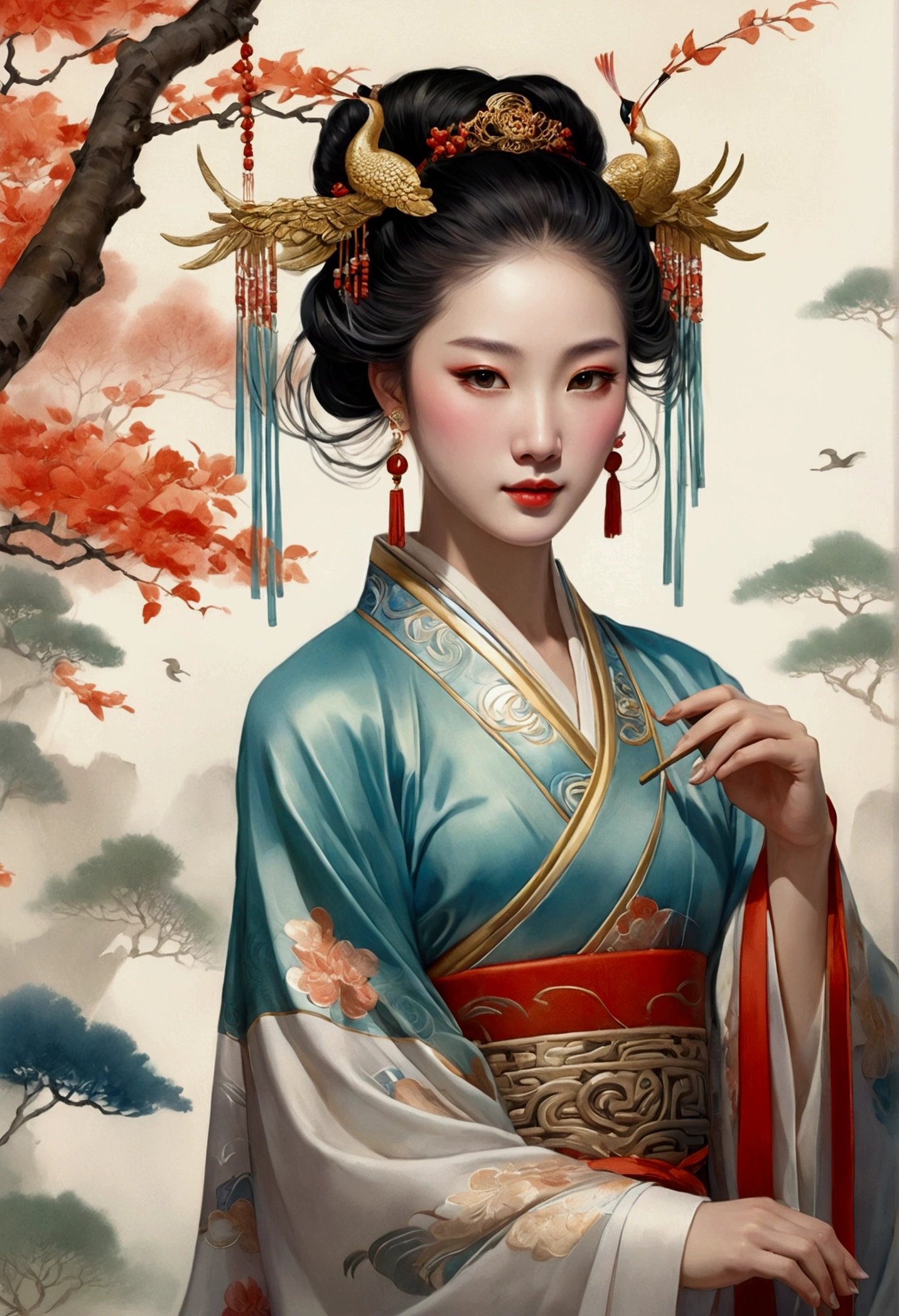 A beautiful dancer in ancient China,delicate lines,gorgeous costumes in ancient China,delicate and vivid,shy face,willow leaf eyebrows,personality depiction,coiled hair,gold leaf,flowing clouds,watercolor,crane surrounding,ink painting,gentle eyes,meticulous, color scheme,exquisite clothing patterns,by Gu, Kaizhi,Zhang Xuan,professional color grading,realistic style,soft shadows,clean and sharp focus,Flim photography,Panoramic View,32K --v 6