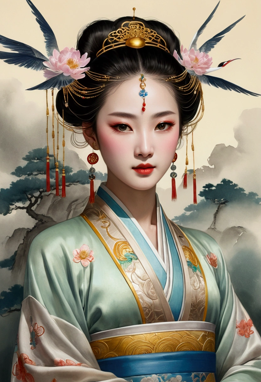 A beautiful dancer in ancient China,delicate lines,gorgeous costumes in ancient China,delicate and vivid,shy face,willow leaf eyebrows,personality depiction,coiled hair,gold leaf,flowing clouds,watercolor,crane surrounding,ink painting,gentle eyes,meticulous, color scheme,exquisite clothing patterns,by Gu, Kaizhi,Zhang Xuan,professional color grading,realistic style,soft shadows,clean and sharp focus,Flim photography,Panoramic View,32K --v 6