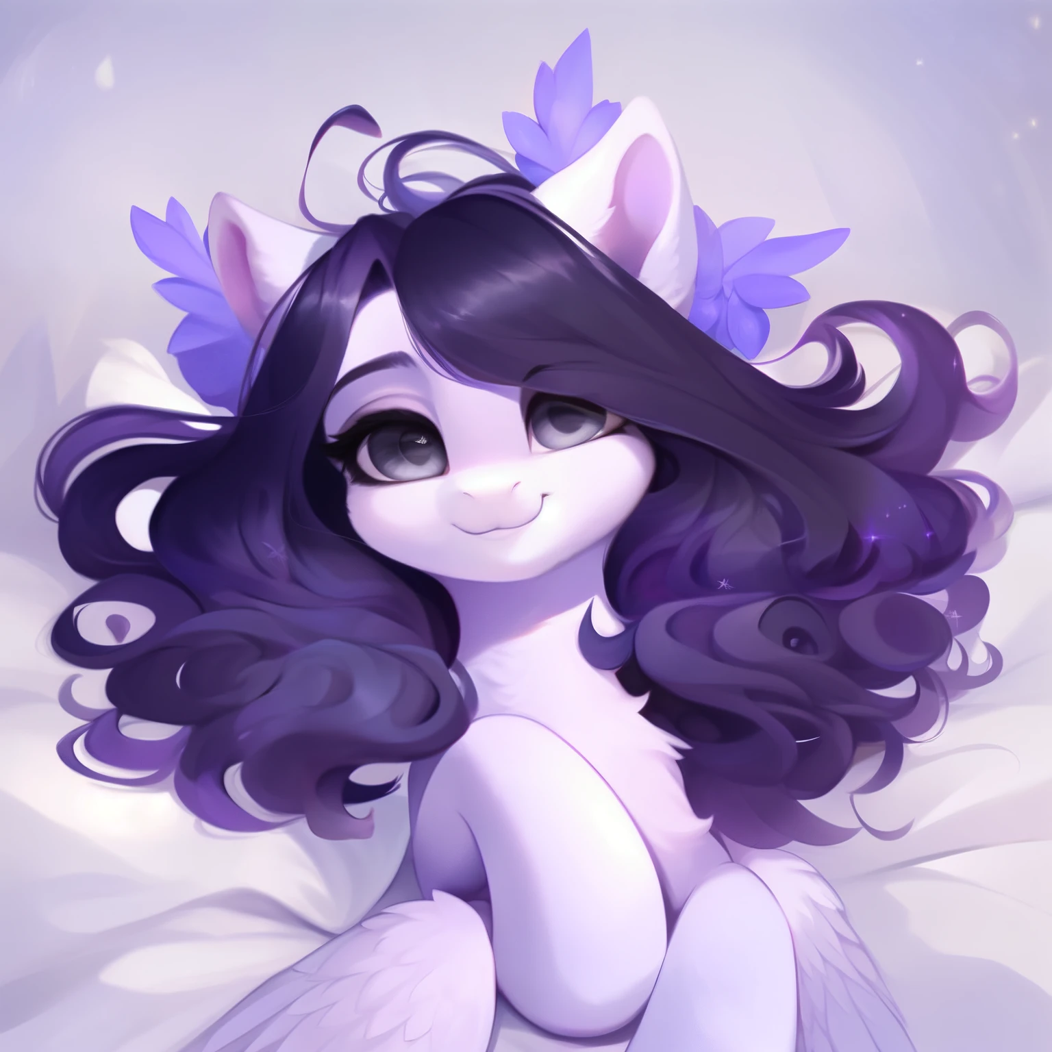 rating_safe, score_9, fluffy, feral pegasus pony, female,round cute face, Lavender purple body, black-purple mane, disheveled hair, soft and delicate long hair, clear grey eyes, grey eyes, smiling. dynamic。young and beautiful。Lying in bed,Astringent