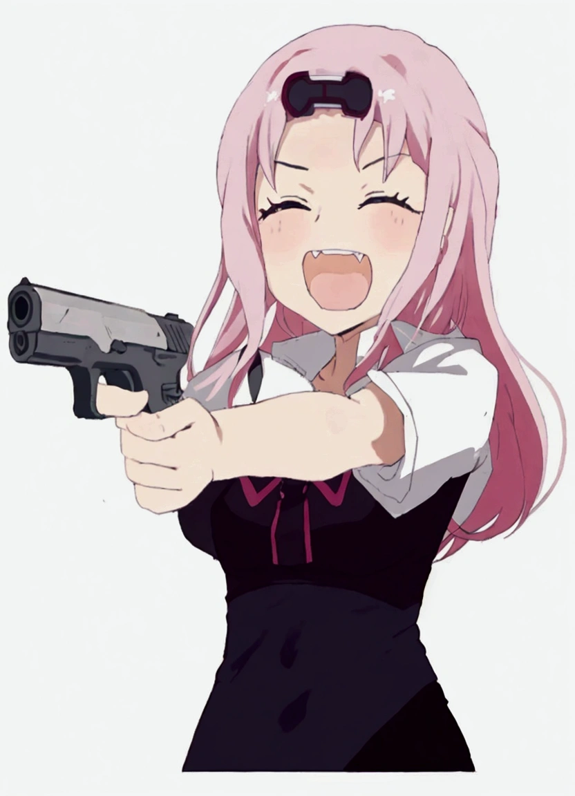 a woman with pink hair holding a gun and pointing it at the camera, with pistol, anime shot, anime machine gun fire, with a gun, female action anime girl, gapmoe yandere, shooting pose, holding gun, holding a pistol, trigger anime artstyle, haruno sakura, holding a gun, dramatic wielding gun pose, brandishing a gun