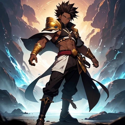 (young boy, age 16, height 1.80 meters) (dark brown skin:1.5) (brown eyes) (short, curly black hair) (medium physique of a 16-year-old) (afrodescendant features with a hint of mixed heritage) (imperial attire from the 8th century) (shiny black cape) (black clothes with gray tones and golden details) (black boots with gray and golden accents) (arrogant, eccentric, egocentric, proud personality) (extremely high hormones) (hyper-exaggerated lecherous personality akin to Meliodas, Master Roshi, and Jiraiya) (full body, dynamic pose) (detailed face, expressive eyes) (anime style, 2D illustration)