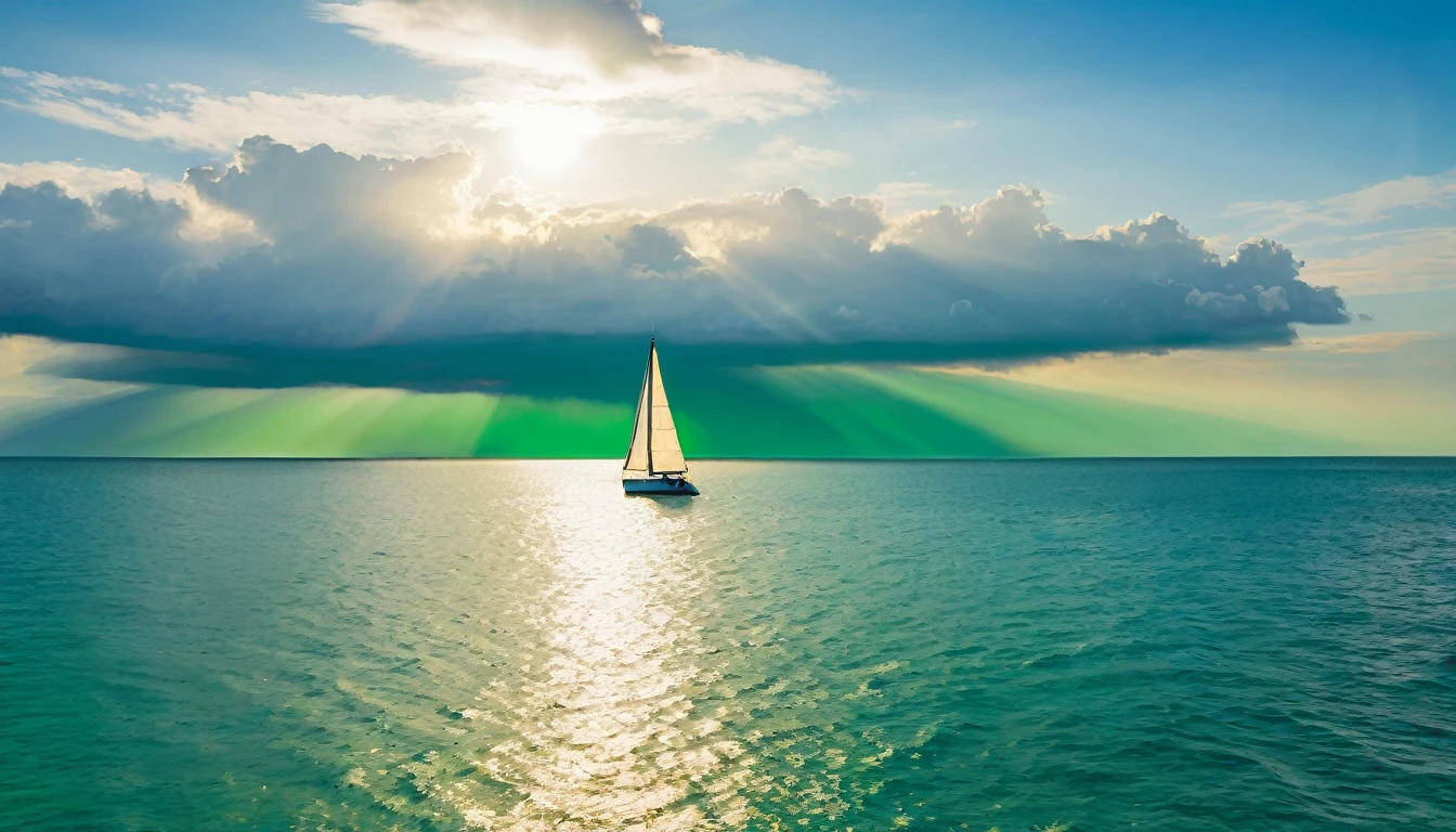 sailboat in the middle of the ocean under the evening sun and the green and calm water of the ocean