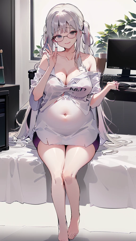 
(bedroom, A desk full of computers, 푹신한 chair, hacker:1.5), chair, (chair에 앉아 있는:1.5), window, (morning, sunlight:1.5), (Beautiful shades:1.5), (Holding the belly with both hands:1.5), (dynamic angle:1.5), [ 4k digital art ]!!,(big bust, prominent cleavage:1.5), (Black eyes with a slight purple tint:1.5), (a devastated expression, dead eyes, dark atmosphere:1.5), (white hair, long hair, weak perm:1.5), (oversized shirt, hot pants, :1.5), (bare foot, round-rimmed glasses:1.5), (Aegyo belly fat:1.5), (smiling faintly:1.5),(thin legs, thin:1.5)
