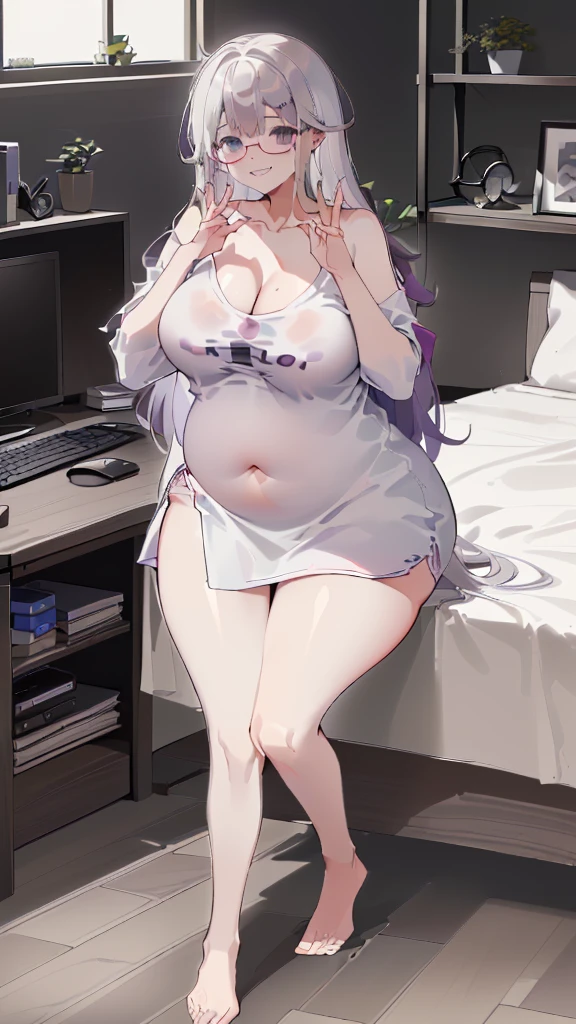 
(bedroom, A desk full of computers, 푹신한 chair, hacker:1.5), chair, (chair에 앉아 있는:1.5), window, (morning, sunlight:1.5), (Beautiful shades:1.5), (Holding the belly with both hands:1.5), (dynamic angle:1.5), [ 4k digital art ]!!,(big bust, prominent cleavage:1.5), (Black eyes with a slight purple tint:1.5), (a devastated expression, dead eyes, dark atmosphere:1.5), (white hair, long hair, weak perm:1.5), (oversized shirt, hot pants, :1.5), (bare foot, round-rimmed glasses:1.5), (Aegyo belly fat:1.5), (smiling faintly:1.5),(thin legs, thin:1.5)