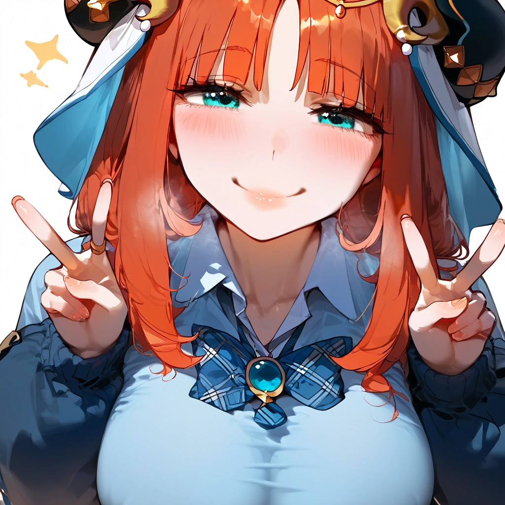 score_9, score_8_up, score_7_up, score_6_up, score_5_up, score_4_up, 1girl, Nilou, Genshin impact,, large breasts,,,, floox style, rating_explicit, floox style, high resolution,,, expressiveh,, perfect anatomy, masterpiece, solo, gray background,, (school outfit:1.2), skirt, sweater, under , v, smile, happy, light aqua eyes, she is 21 years old