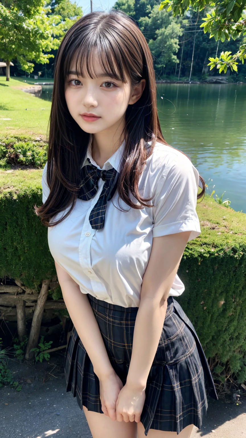 (absurdres:1.3), (highres:1.3), (ultra detailed:1.3),(1girl:1.3), (extremely detailed CG unity 8k wallpaper:1.3), (detailed skin texture, detailed cloth texture, detailed hair texture), (beautiful detailed face, supermodel, pale skin, realistic glistening skin), (RAW photo, best quality), (realistic, photo-realistic:1.4), masterpiece, extremely delicate and beautiful,Amazing, finely detail, extremely detailed CG unity 8k wallpaper, huge filesize, ultra-detailed, highres, absurdres, soft light,rim light, vibrant details, hotel room, straight hair, large breasts, black hair color, Big Natural Color Lip, (perfect body shape), beautiful legs, 20 years old, Beauty、Well-formed face、Make your eyes even、Large sagging eyes、Beautiful black hair、Has bangedium build、Well-balanced proportions、Arms wrapped around his back, hands tie behind back, Tartan plaid pleated skirt、Blue Short Sleeve Blouse、Beautiful scenery、(front view:1.3), Leaning against a large tree on the shore of a beautiful lake、