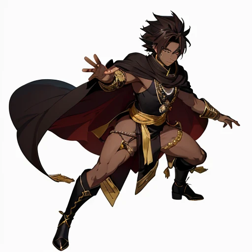 ((young boy, age 16, height 1.80 meters)); (dark brown skin:1.5); (brown eyes); (short, curly black hair); (medium physique of a 16-year-old); (afrodescendant features with a hint of mixed heritage); ((imperial attire from the 8th century)); ((shiny black cape)); (black clothes with gray tones and golden details); (black boots with gray and golden accents); (arrogant, eccentric, egocentric, proud personality); (extremely high hormones); (hyper-exaggerated lecherous personality akin to Meliodas, Master Roshi, and Jiraiya); ((full body)); ((dynamic pose)); ((detailed face, expressive eyes)); ((anime style, 2D illustration))