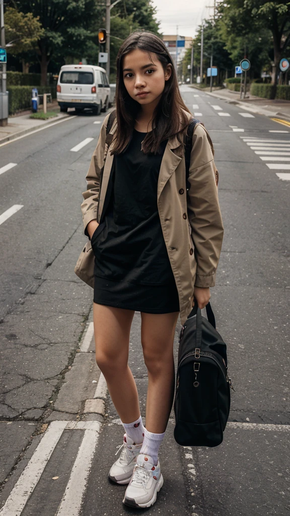 Young girl waiting for a bus on the road