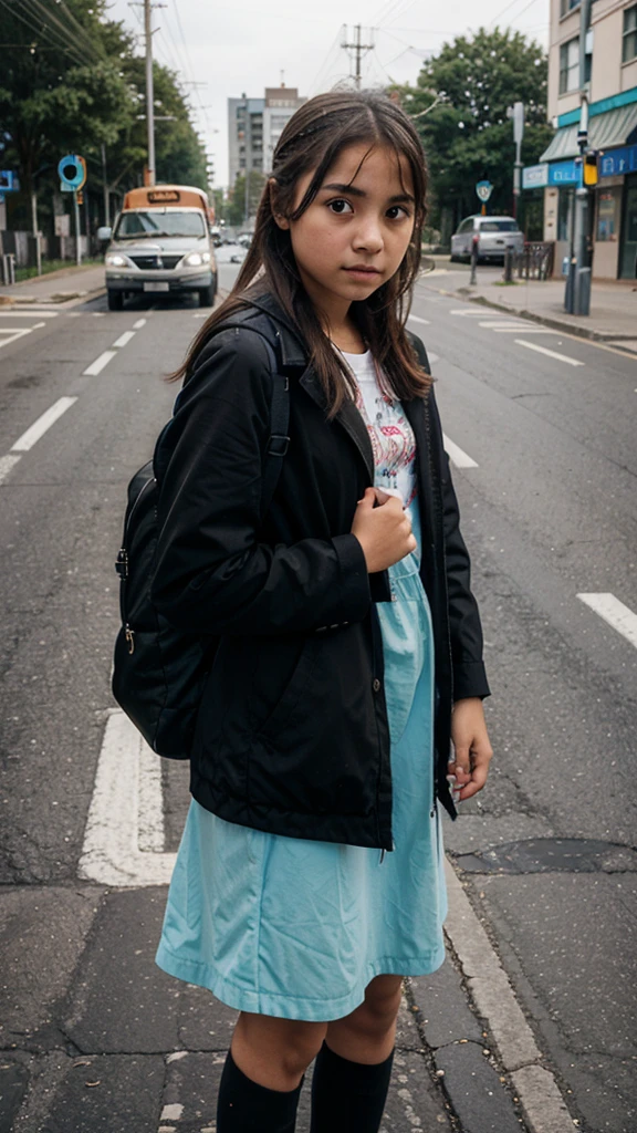 Young girl waiting for a bus on the road