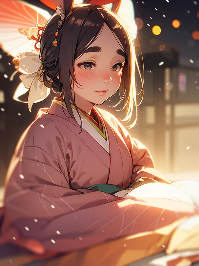 (Sumilux f1.4 50mm , low Latitude old color negative film , cross process , bokeh, flare, chromatic aberration , soft focus, (Shallow focus) , soft glow , Maximum aperture, High Key , Transparent depiction) , Japanese Heian period , Royal girl, rabbit ear , (round Maro eyebrows) , kimono, sitting , (Peony flowers blooming:0.6) , closeup face , Snow is falling , steamy breath