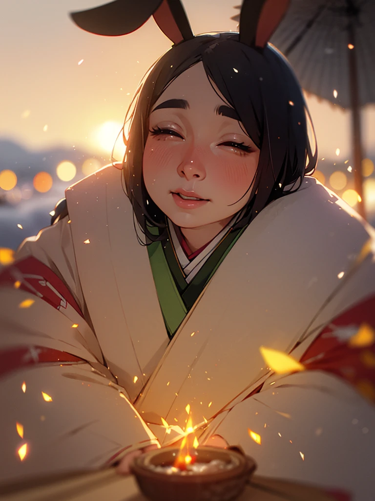 (Sumilux f1.4 50mm , low Latitude old color negative film , cross process , bokeh, flare, chromatic aberration , soft focus, (Shallow focus) , soft glow , Maximum aperture, High Key , Transparent depiction) , Japanese Heian period , Royal girl, rabbit ear , (round Maro eyebrows) , kimono, sitting , (Peony flowers blooming:0.6) , closeup face , Snow is falling , steamy breath
