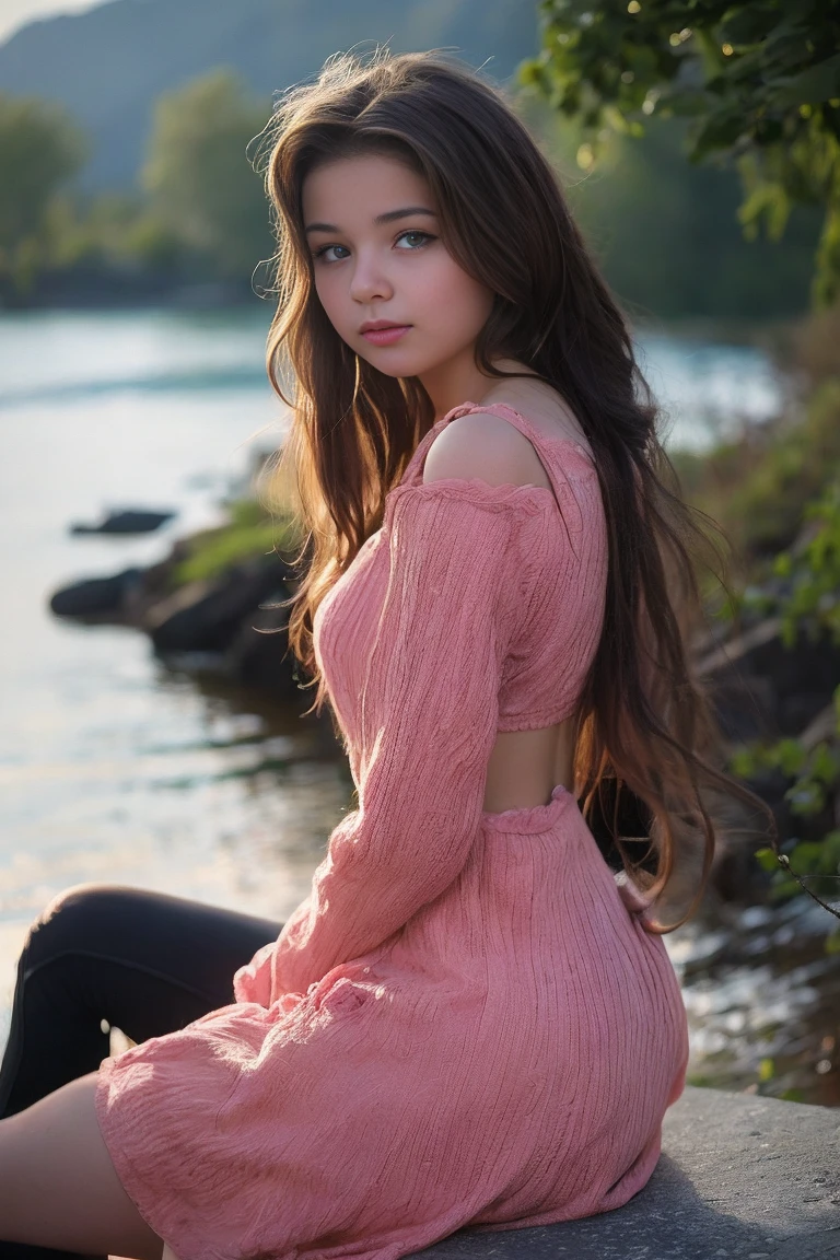 young beautiful girl, thin build, USA, wild west, western, , looking to the side, sitting on a stone by the river, forest beyond the river, mountains visible from afar, long pink dress with long sleeves, simple cut dress, long straight light brown hair, detailed fabric texture
