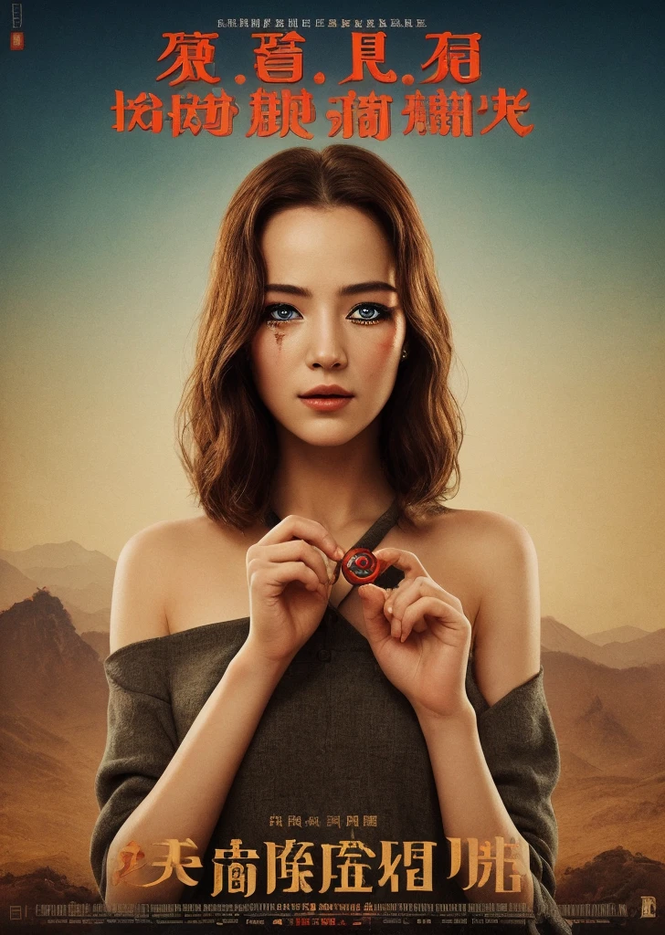 (best qualityer, movie poster style), a beautiful woman with (one eye red:1.2),(meaningful chinese script writing:1.1), combining the elements perfectly together.