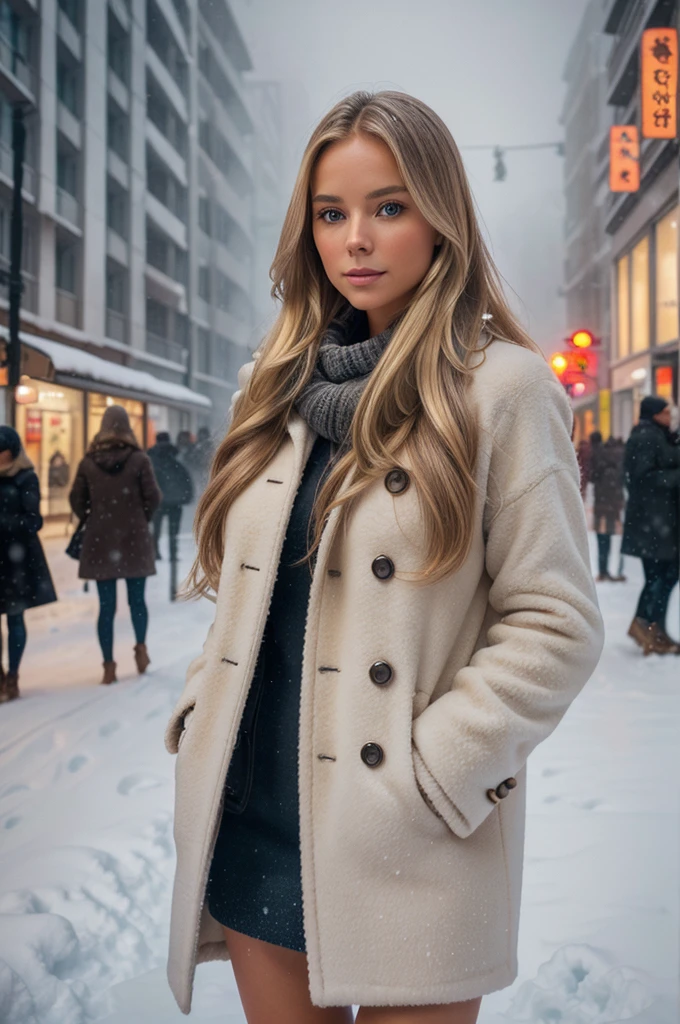 professional portrait photograph of a gorgeous Norwegian girl in winter clothing with long wavy blonde hair, sultry flirty look, gorgeous symmetrical face, cute natural makeup, wearing elegant warm winter fashion clothing, ((standing outside in snowy city street)), stunning modern urban environment, ultra realistic, concept art, elegant, highly detailed, intricate, sharp focus, depth of field, f/1. 8, 85mm, medium shot, mid shot, (((professionally color graded))), bright soft diffused light, (volumetric fog), trending on instagram, hdr 4k, 8k