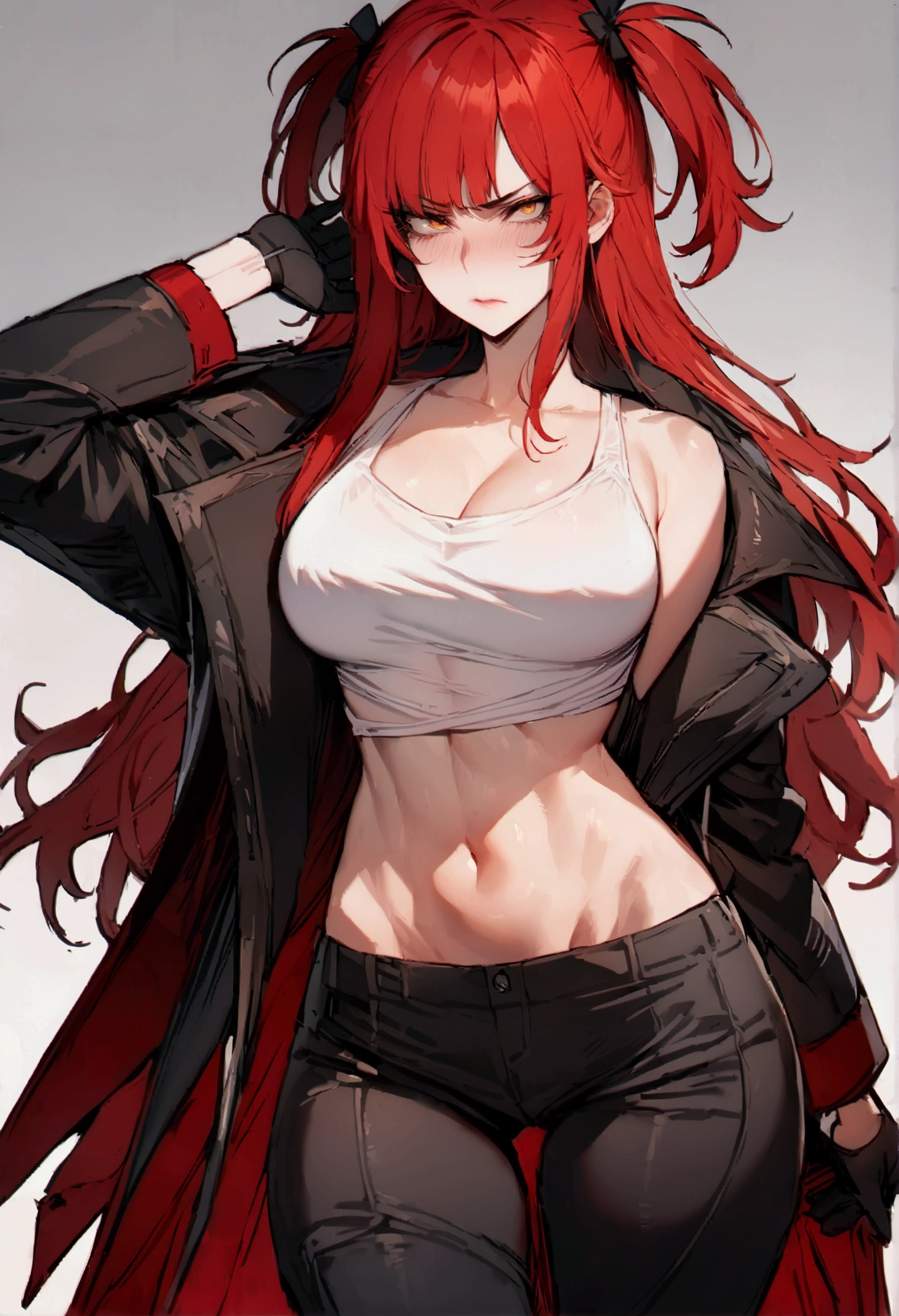 masterpiece, best quality 1girl, solo, beautiful woman, messy bangs, red hair, long hair, hair two side up by black bows , yellow eyes, angry, large breasts, toned stomach, white tank top, black coat, figureless black gloves, pants, sheathed sabre, fantasy looking at viewer.
