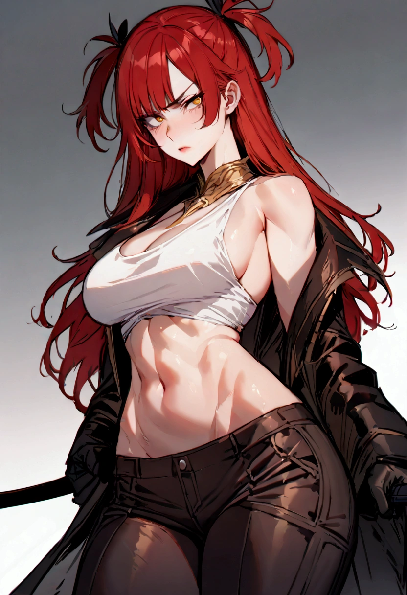 masterpiece, best quality 1girl, solo, beautiful woman, messy bangs, red hair, long hair, hair two side up by black bows , yellow eyes, angry, large breasts, toned stomach, white tank top, black coat, figureless black gloves, pants, sheathed sabre, fantasy looking at viewer.