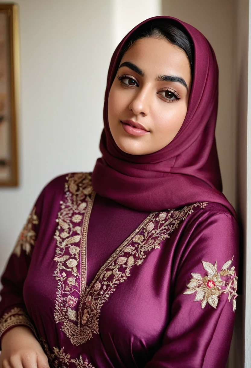 Fair and beautiful ,stunning ,curvy 18 year old mature Arab Muslim woman wearing a dark pink hijab and dark maroonish puce abaya frock with embroidery showing cleavage low neckline in depth of field apartment interior background , medium close up shot , shot on iphone 13 , professional photo , no makeup