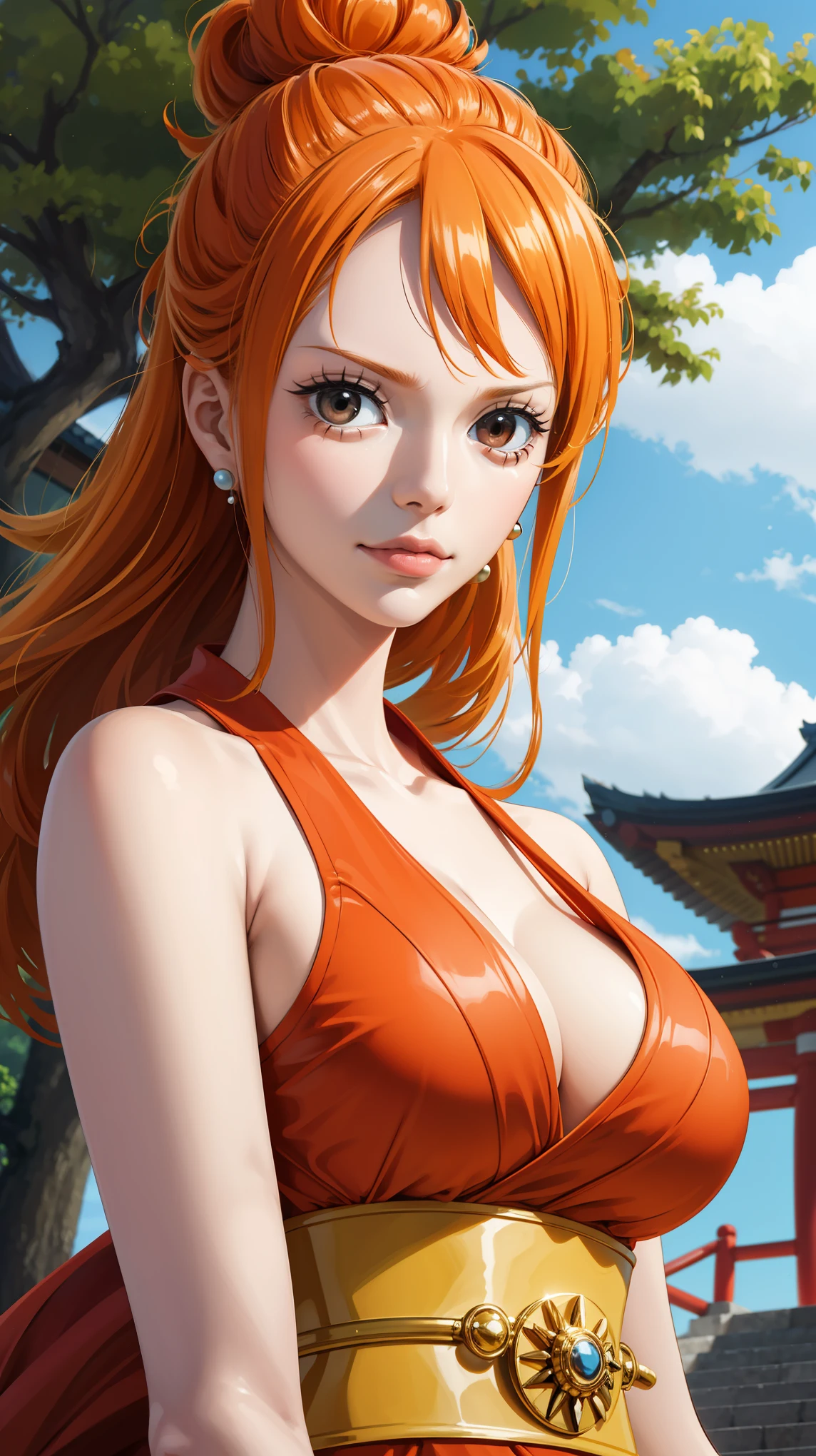 NamiFinal, Nami from the anime One Piece, orange hair, bangs, hair in a bun, beautiful, beautiful woman, perfect body, perfect breasts, red wearing a kimono, wearing earrings, wearing a watch, in the park, cherry tree, traditional house japan, looking at viewer, slight smile, realism, masterpiece, textured leather, super detail, high detail, high quality, best quality, 1080p, 16k