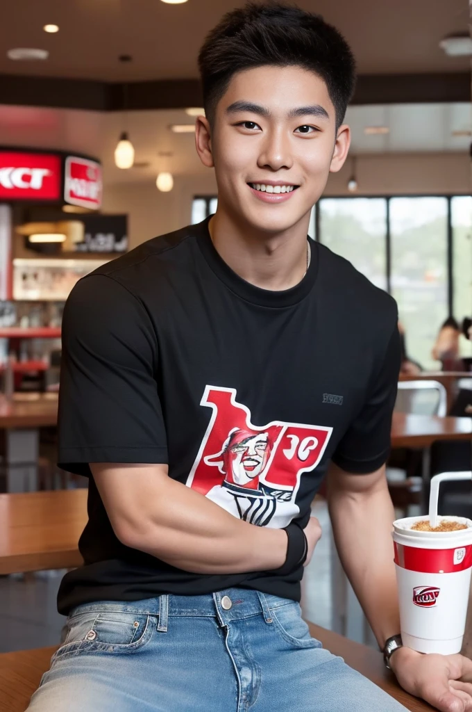 ((realistic daylight)) , Young Korean man in only a black sports shirt, no stripes, and jeans., A handsome, muscular young Asian man looks at the camera.  , In the KFC store ,turn sideways, smile