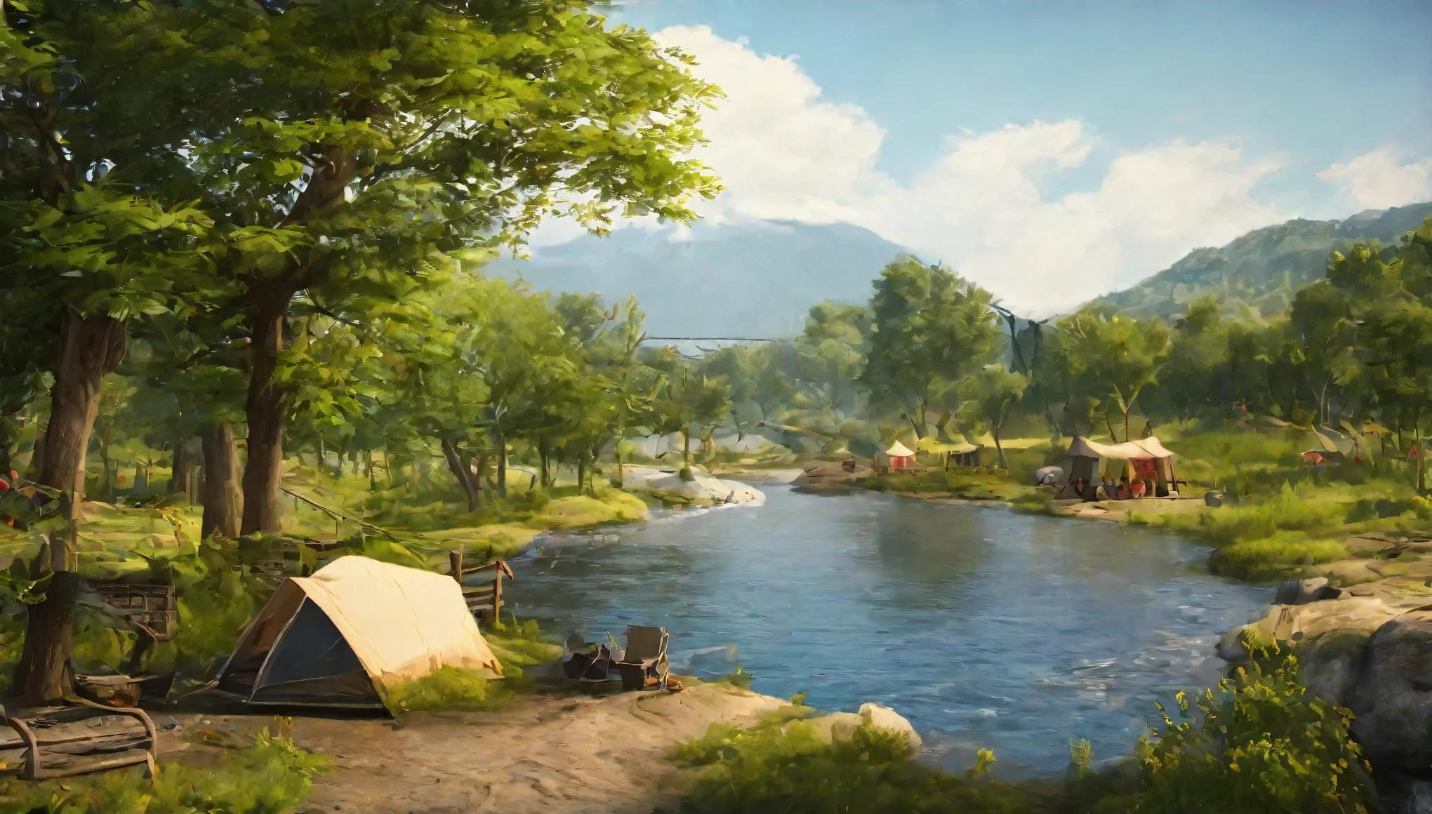 early summer,Daytime,camp site,River side,Rich in nature,Highest quality, 8k, High resolution, masterpiece:1.2, Very detailed, Realistic:1.37, High resolution, 超High resolution, Very detailed, Professional, Vibrant colors