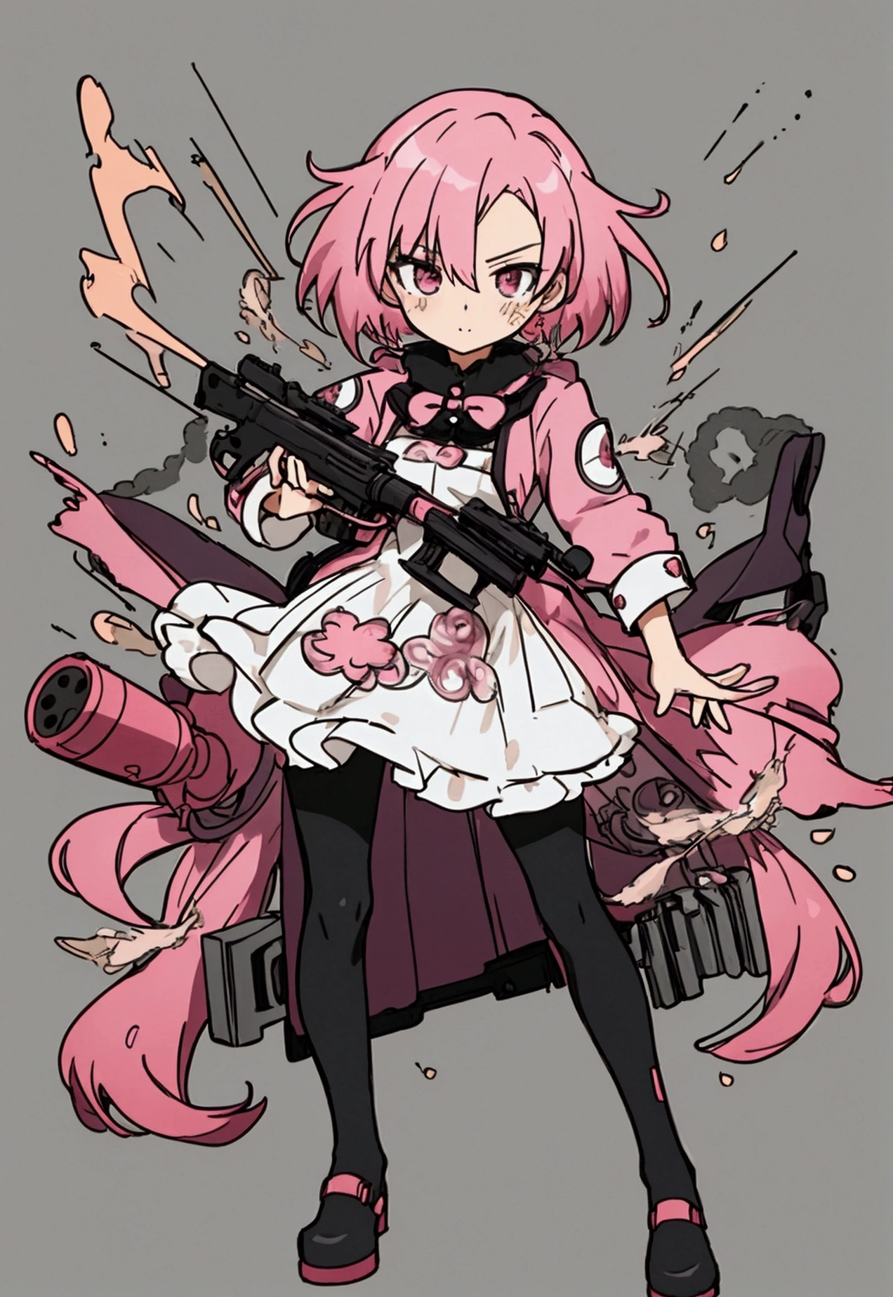 a woman with pink hair holding a gun and pointing it at the camera, with pistol, anime shot, anime machine gun fire, with a gun, female action anime girl, gapmoe yandere, shooting pose, holding gun, holding a pistol, trigger anime artstyle, haruno sakura, holding a gun, dramatic wielding gun pose, brandishing a gun