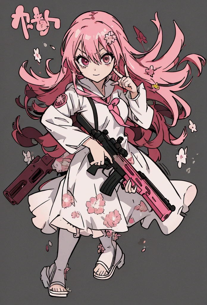 a woman with pink hair holding a gun and pointing it at the camera, with pistol, anime shot, anime machine gun fire, with a gun, female action anime girl, gapmoe yandere, shooting pose, holding gun, holding a pistol, trigger anime artstyle, haruno sakura, holding a gun, dramatic wielding gun pose, brandishing a gun