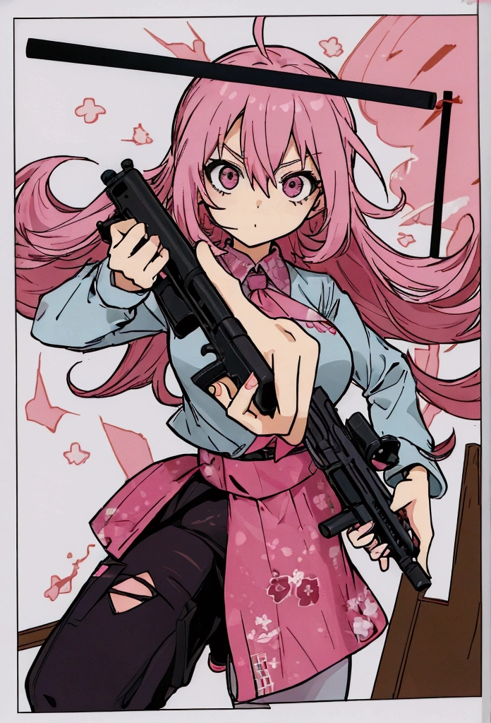 a woman with pink hair holding a gun and pointing it at the camera, with pistol, anime shot, anime machine gun fire, with a gun, female action anime girl, gapmoe yandere, shooting pose, holding gun, holding a pistol, trigger anime artstyle, haruno sakura, holding a gun, dramatic wielding gun pose, brandishing a gun