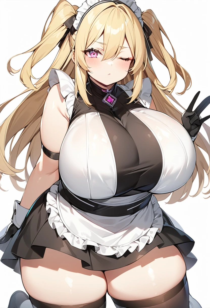 (One girl)、(medium length hair)、(sidelock)、((Blonde))、(slan eyes)、（boyish）、cute、(Big super breasts)、((Chubby))、Maid、No sleeve、mini skirt、White sleeveless、thigh-high socks thighhighs、(long gloves)、hairs between eyes、(coarse hair)、[flipped hair]、pink eye、expressionless、one eye closed、arm behind back、two side up、White Background、
