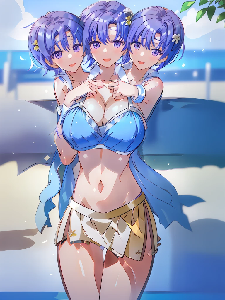 (masterpiece, best quality), best resolution, (3heads:1.5), 1girl, masterpiece, best quality, Juno, blue bikini, white-blue miniskirt, short hair, sexy dancer attire, revealing attire, smile, enthusiastic smile, open mouth, looking at viewer, field, lake masterpiece, best quality, open breasts, huge tits, huge breasts, detailed eyes, sexy pose, alluring presence, beautiful eyes,