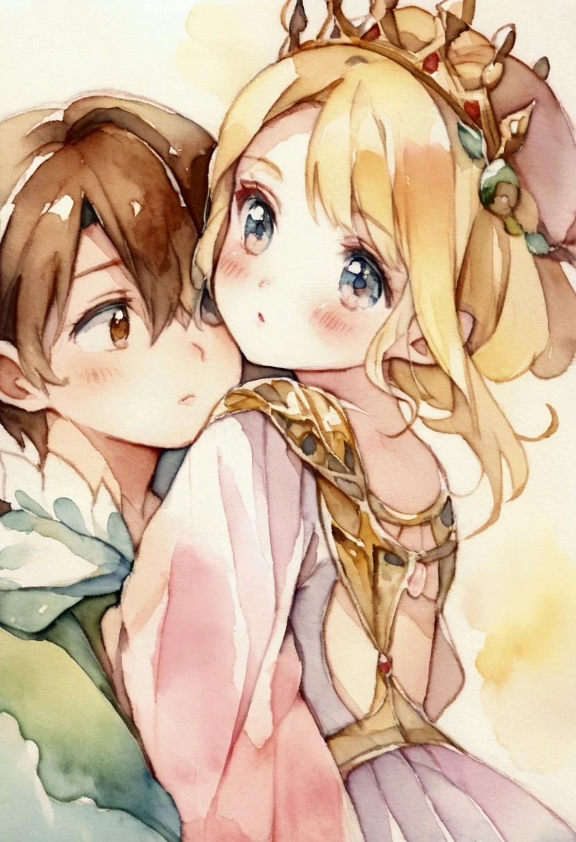 A blonde princess embracing a brown-haired prince　Fantasy　Picture books　watercolor