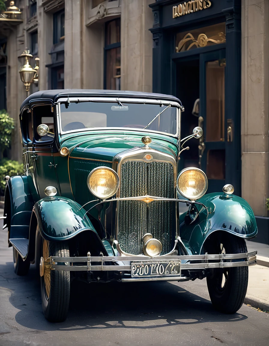 Create imaginative and amazing images demonstrating the style of ((Roaring 20s)), hyper realistic, 8k, vibrant colors, sharp crisp image, art deco, flapper 1920s car