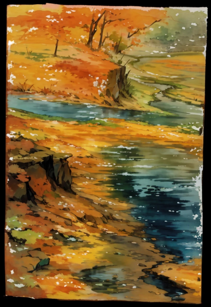 The terrain of mountains, plains and plains changes significantly.,Beautiful scenery of gurgling water in the pool,Scattered green plants,Color saturation and clear blending,Clear changes in light and shadow,Silky smooth and delicate watercolor painting