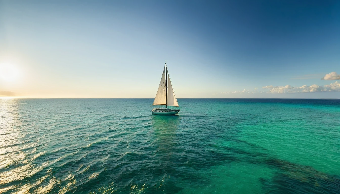 sailboat in the middle of the ocean under the evening sun and the green and calm water of the ocean
