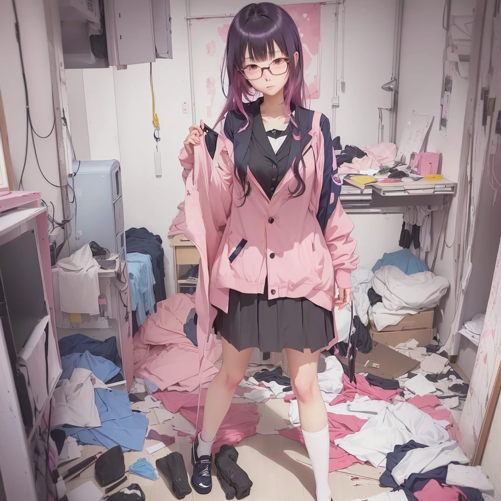 anime girl in a Messy room with a pink jacket and black skirt, Anime Moe Art Style, Cute girl anime visuals, Messy room, Dirty clothes, Anime Style 4k, Best anime 4k konachan wallpaper, Half Yamada, Yandere, destroyed clothes, Torn clothes, Burning, Anime Art Wallpapers 8K, Anime background key visual she is a japanese woman she is 17 years old. she is very skinny. Her shoulders are very narrow. she is naked. her breasts are small. She is 170 cm tall. She weighs 35kg. She has a transparent pink cunt exposed. She draws the female genitalia clearly.Her outline is thin and she doesn't use black, A sweet look in love. Her cheeks are dyed red. Japanese painting. pale watercolor. Do not draw outlines.The uterus and vagina are visible through the skin. The skin is transparent and the organs are visible.Very thin, small breasts, thin legs Pink straight hair, brown eyes, A short skirt with a checkered pattern, a tie of the same color as the skirt, and a navy blue blazer.Female genitalia exposed.  with an anarchic color scheme.A Japanese high school girl is coming home from school and changing her clothes, exposing her skin.She is wearing a navy blazer, a plaid/checkered skirt, black knee-high socks, and has long pink hair, wearing glasses.The genitals are exposed and conspicuous.I'm changing clothes in my room and I'm naked. She doesn't even wear underwear.Do not draw outlines. A pale watercolor painting. Color saturation is low.