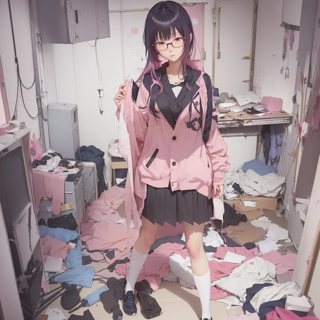 anime girl in a Messy room with a pink jacket and black skirt, Anime Moe Art Style, Cute girl anime visuals, Messy room, Dirty clothes, Anime Style 4k, Best anime 4k konachan wallpaper, Half Yamada, Yandere, destroyed clothes, Torn clothes, Burning, Anime Art Wallpapers 8K, Anime background key visual she is a japanese woman she is 17 years old. she is very skinny. Her shoulders are very narrow. she is naked. her breasts are small. She is 170 cm tall. She weighs 35kg. She has a transparent pink cunt exposed. She draws the female genitalia clearly.Her outline is thin and she doesn't use black, A sweet look in love. Her cheeks are dyed red. Japanese painting. pale watercolor. Do not draw outlines.The uterus and vagina are visible through the skin. The skin is transparent and the organs are visible.Very thin, small breasts, thin legs Pink straight hair, brown eyes, A short skirt with a checkered pattern, a tie of the same color as the skirt, and a navy blue blazer.Female genitalia exposed. with an anarchic color scheme.A Japanese high school girl is coming home from school and changing her clothes, exposing her skin.She is wearing a navy blazer, a plaid/checkered skirt, black knee-high socks, and has long pink hair, wearing glasses.The genitals are exposed and conspicuous.I'm changing clothes in my room and I'm naked. She doesn't even wear underwear.Do not draw outlines. A pale watercolor painting. Color saturation is low.