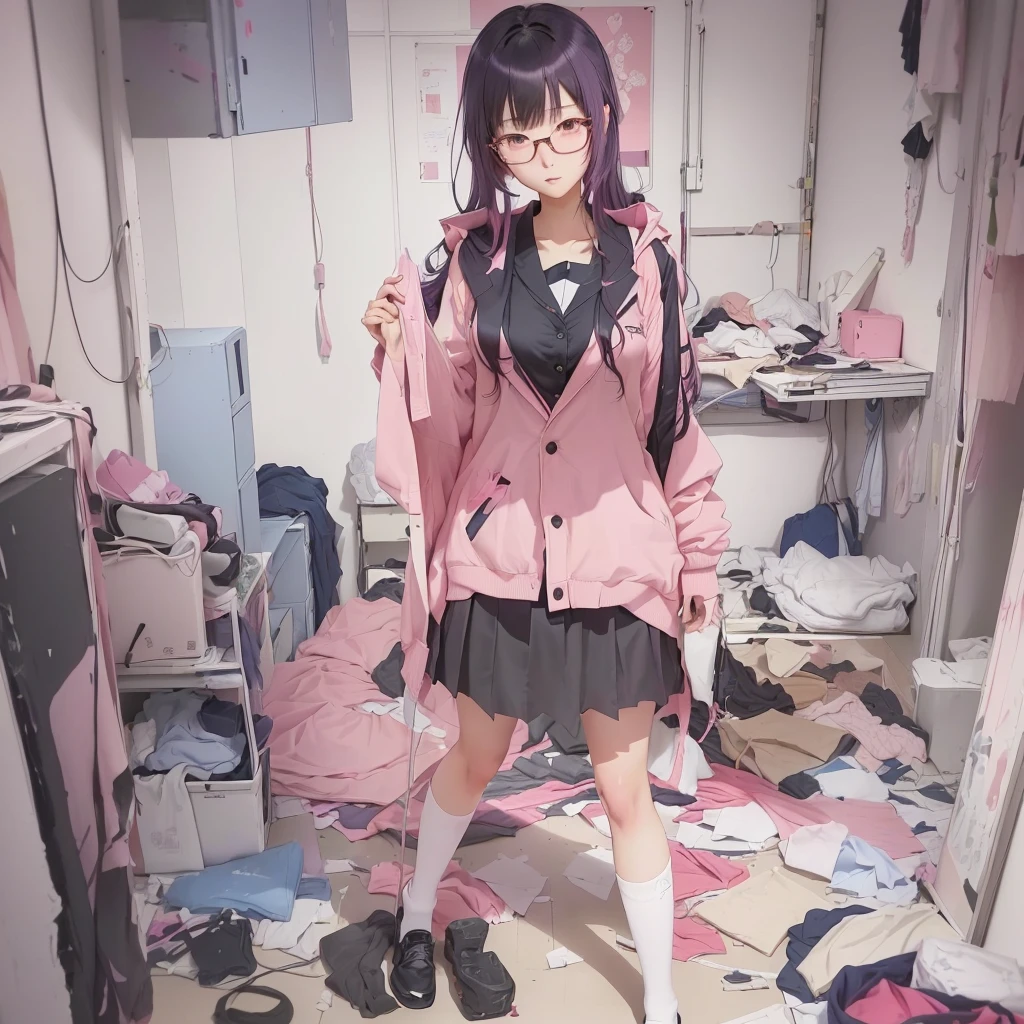 anime girl in a Messy room with a pink jacket and black skirt, Anime Moe Art Style, Cute girl anime visuals, Messy room, Dirty clothes, Anime Style 4k, Best anime 4k konachan wallpaper, Half Yamada, Yandere, destroyed clothes, Torn clothes, Burning, Anime Art Wallpapers 8K, Anime background key visual she is a japanese woman she is . she is very skinny. Her shoulders are very narrow. she is naked. her breasts are small. She is 170 cm tall. She weighs 35kg. She has a transparent pink cunt exposed. She draws the female genitalia clearly.Her outline is thin and she doesn't use black, A sweet look in love. Her cheeks are dyed red. Japanese painting. pale watercolor. Do not draw outlines.The uterus and vagina are visible through the skin. The skin is transparent and the organs are visible.Very thin, small breasts, thin legs Pink straight hair, brown eyes, A short skirt with a checkered pattern, a tie of the same color as the skirt, and a navy blue blazer.Female genitalia exposed. with an anarchic color scheme.A Japanese high school girl is coming home from school and changing her clothes, exposing her skin.She is wearing a navy blazer, a plaid/checkered skirt, black knee-high socks, and has long pink hair, wearing glasses.The genitals are exposed and conspicuous.I'm changing clothes in my room and I'm naked. She doesn't even wear underwear.Do not draw outlines. A pale watercolor painting. Color saturation is low.