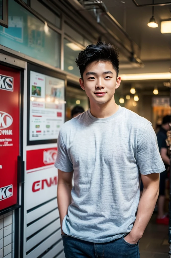 ((realistic daylight)) , Young Korean man in only a black sports shirt, no stripes, and jeans., A handsome, muscular young Asian man looks at the camera.  , In the KFC store ,turn sideways, smile