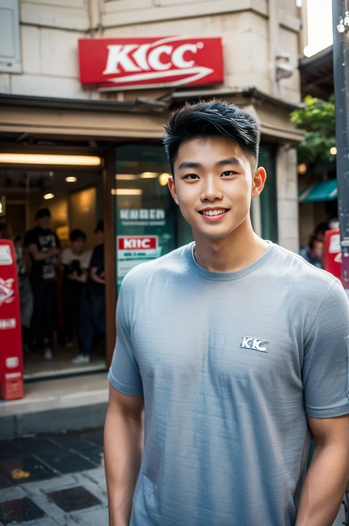 ((realistic daylight)) , Young Korean man in only a black sports shirt, no stripes, and jeans., A handsome, muscular young Asian man looks at the camera.  , In the KFC store ,turn sideways, smile