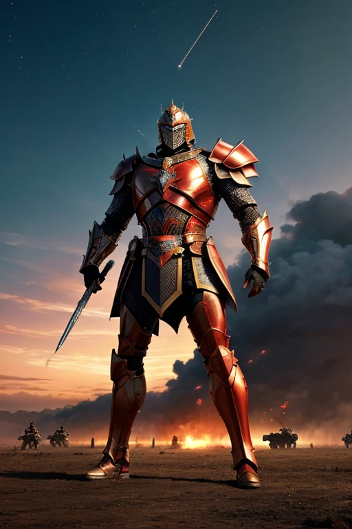 Genrate the image of a monarch standing in front of his army which consnsts of millions of giants wearing metalic armor and weapons in their hands with height 100 meters and the ine the background sky color red