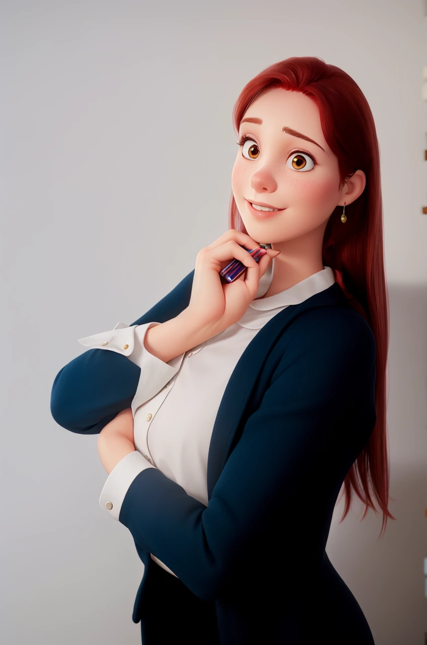 red-haired woman, sweet and intelligent look, office scenario, add books and a cell phone