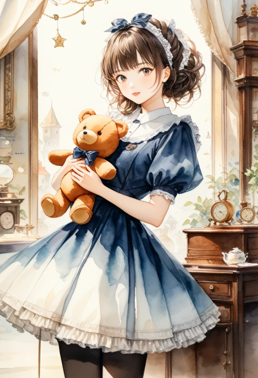((antique:1.5)),((hugging a teddy bear)),(Teddy bear),Beautiful and cute woman,1 Female,Solo,Sharp features,Sophisticated,((Watercolor:1.5)),whole body,Ultra-high resolution,((Attention to detail:1.5)),Highest quality,(vintage:1.4),(Cute pose:1.3),fairy tale,Alice,So adorable,model like,Fluffy atmosphere,(Accurate body),((antiqueな服)),(Handwriting),Fashionable hairstyle,