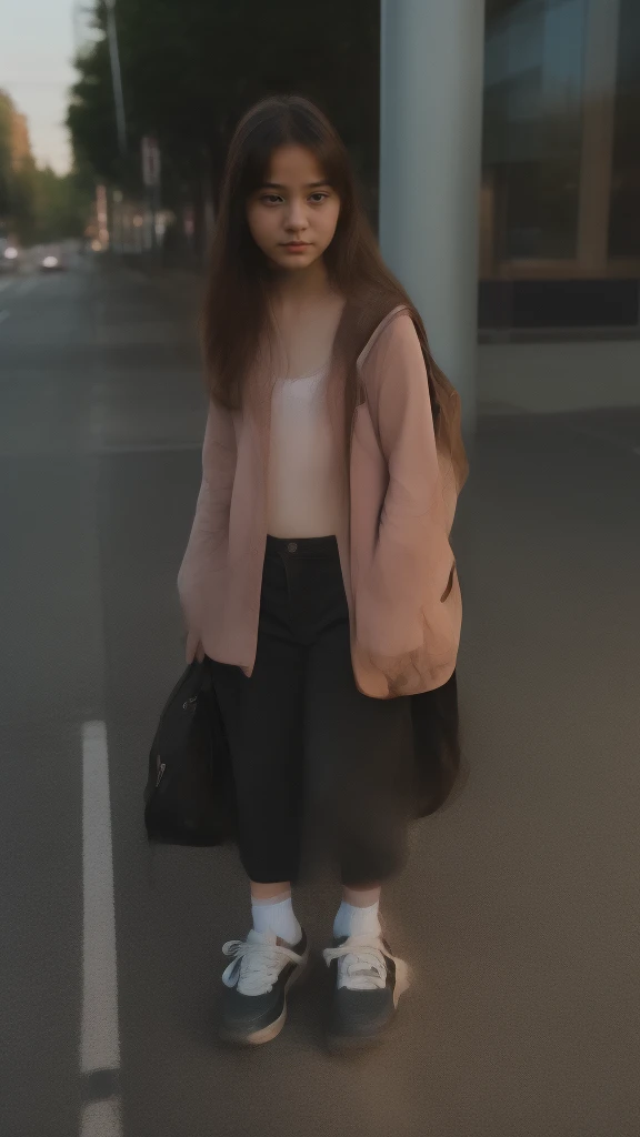 Young girl waiting for a bus on the road