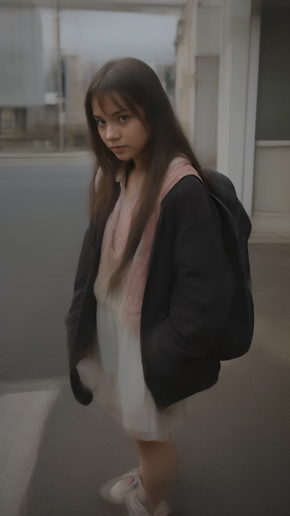 Young girl waiting for a bus on the road