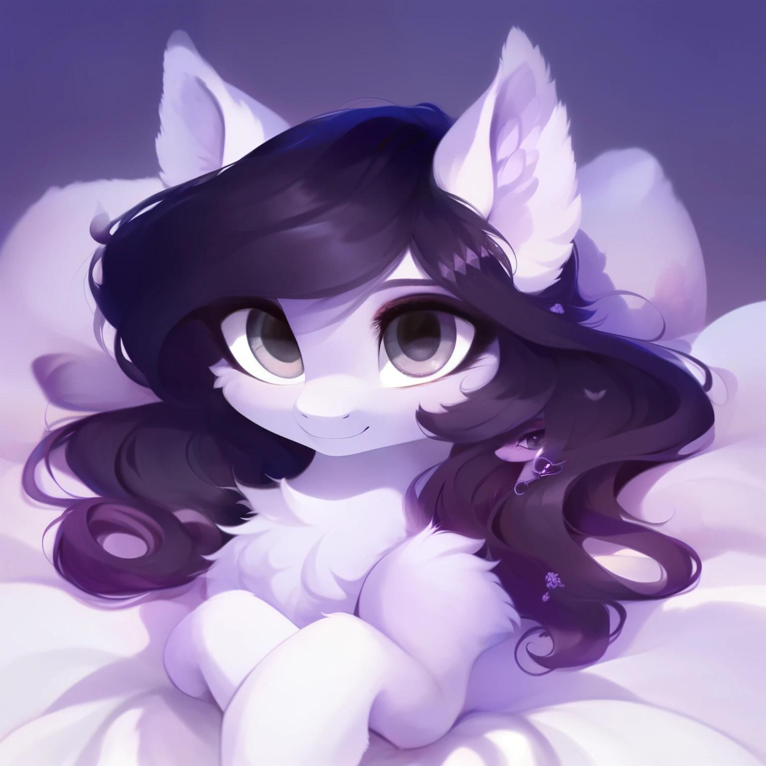 rating_safe, score_9, fluffy, feral pegasus pony, female,round cute face， Lavender purple body, black-purple mane, disheveled hair, soft and delicate long hair, clear grey eyes, grey eyes, smiling. dynamic。young and beautiful。Lying in bed，Astringent