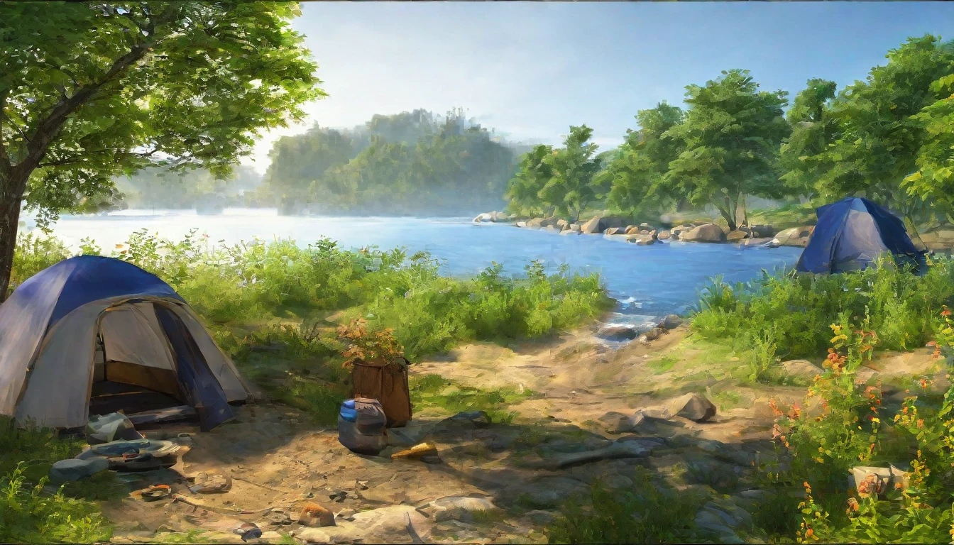 early summer,Daytime,camp site,River side,Rich in nature,Highest quality, 8k, High resolution, masterpiece:1.2, Very detailed, Realistic:1.37, High resolution, 超High resolution, Very detailed, Professional, Vibrant colors