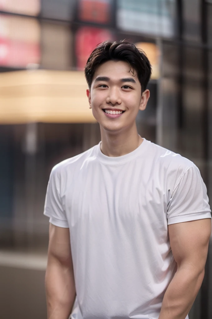 young man 20 years old , (ทรงผมแบบ Crew Cut: 1.3 ), black hair, short hair details, burly handsome man , white t-shirt ,White swimming trunks with large bulges, strong, handsome, outdoor, Take a steam shower., hot spring, Onsen, sweat, look at the audience., depth of field, Bokeh, Detailed background, Detailed light, diffuse natural sunlight, Skin glows naturally., symmetrical eyes, Big smile