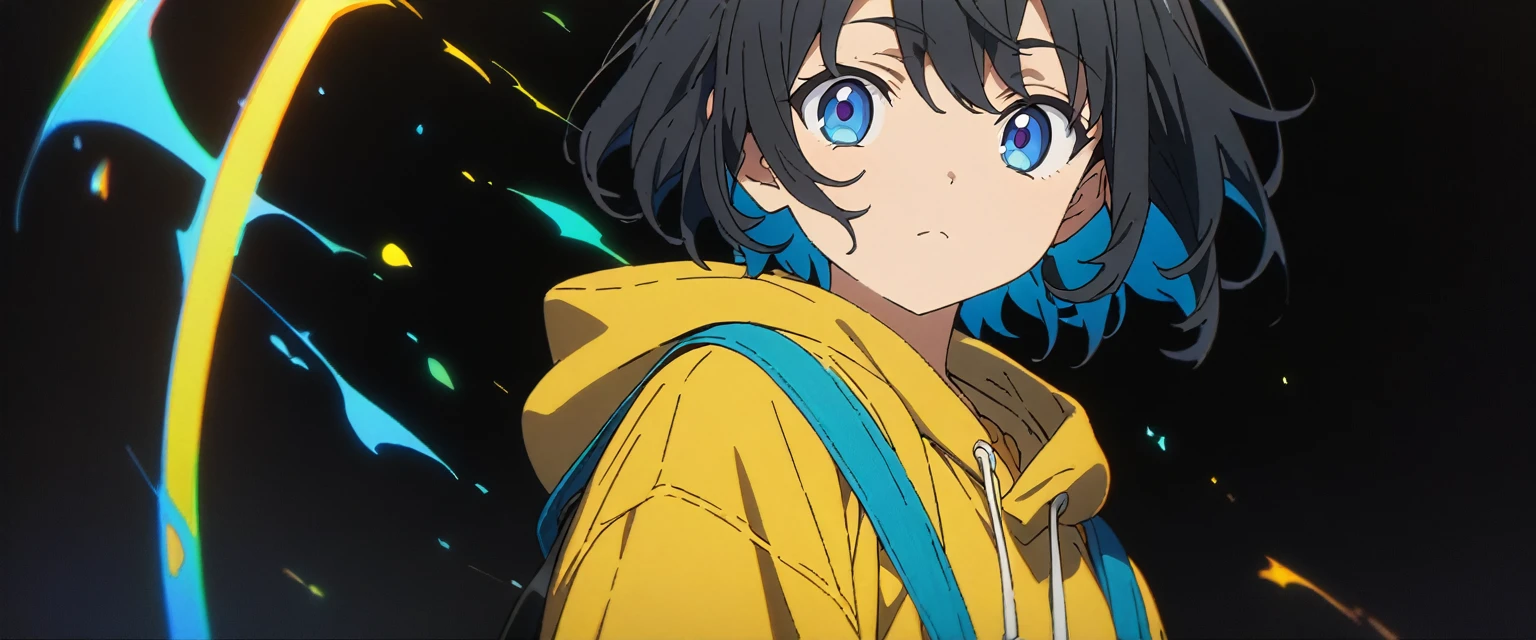 [(BLACK BACKGROUND:1.5)], ((((masterpiece)))), high quality, very_high_resolution, large_filesize, full color, solo, (((younger boy))), ((black hair)), (blue color eyes), yellow hoodie, (White effect:1), anime,