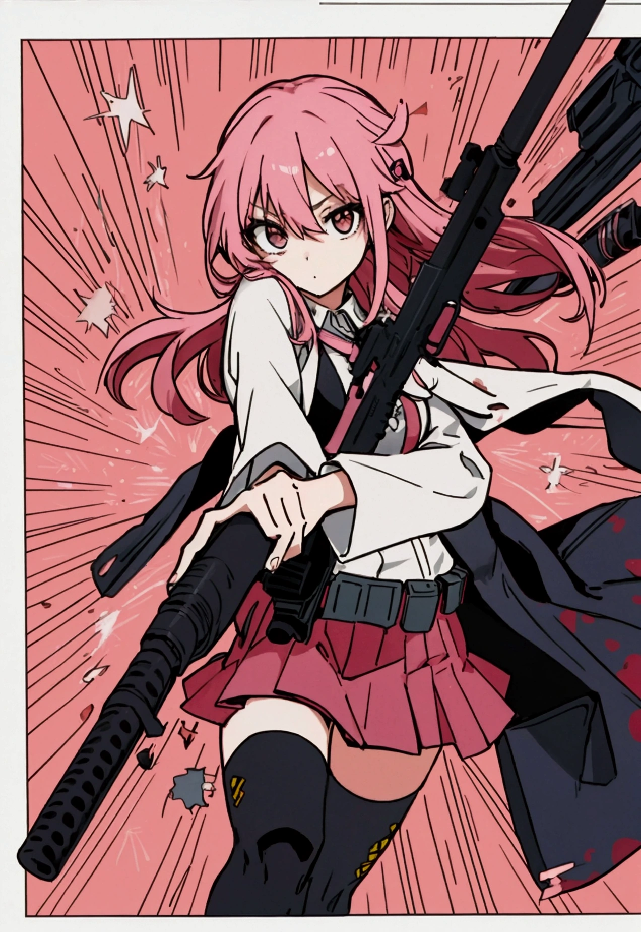 a woman with pink hair holding a gun and pointing it at the camera, with pistol, anime shot, anime machine gun fire, with a gun, female action anime girl, gapmoe yandere, shooting pose, holding gun, holding a pistol, trigger anime artstyle, haruno sakura, holding a gun, dramatic wielding gun pose, brandishing a gun, vector style