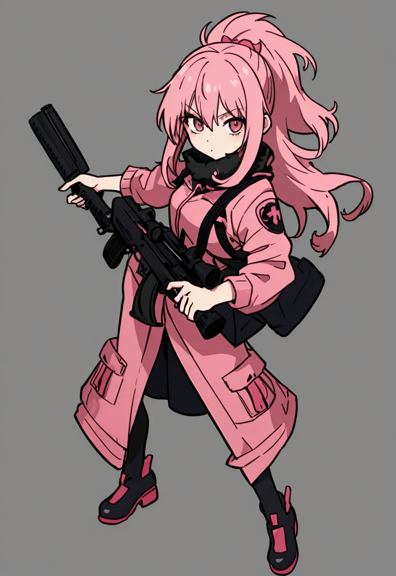 a woman with pink hair holding a gun and pointing it at the camera, with pistol, anime shot, anime machine gun fire, with a gun, female action anime girl, gapmoe yandere, shooting pose, holding gun, holding a pistol, trigger anime artstyle, haruno sakura, holding a gun, dramatic wielding gun pose, brandishing a gun, vector style