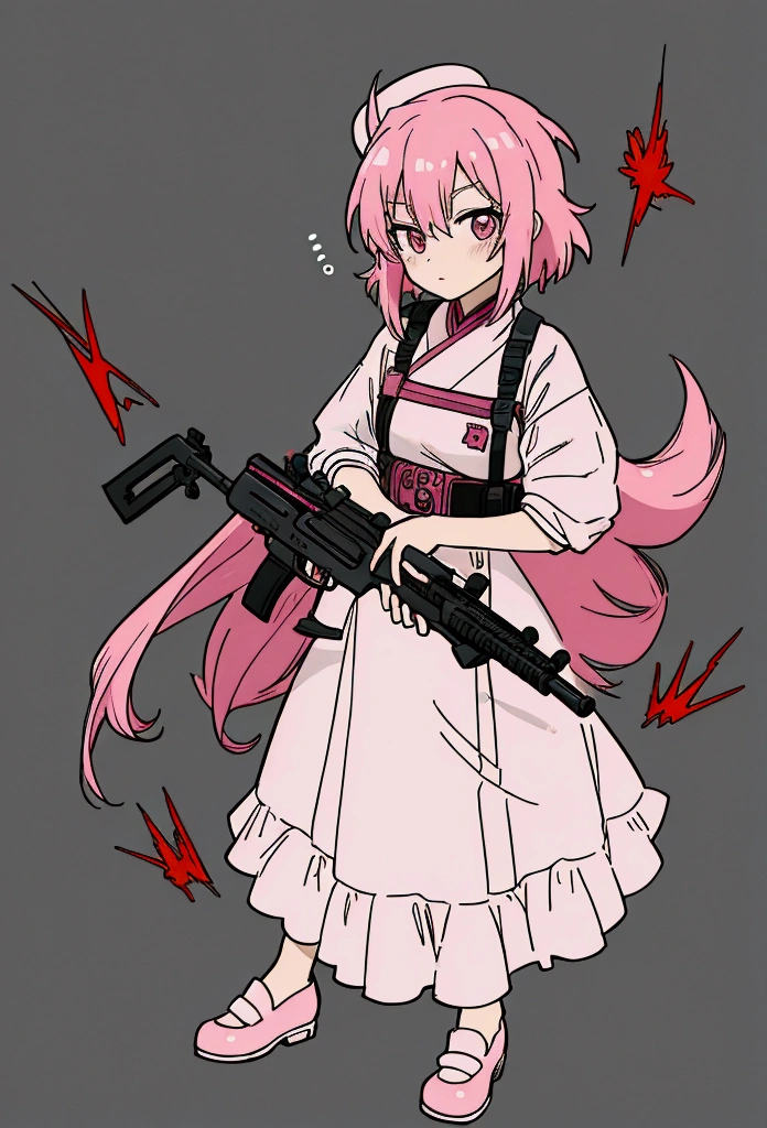 a woman with pink hair holding a gun and pointing it at the camera, with pistol, anime shot, anime machine gun fire, with a gun, female action anime girl, gapmoe yandere, shooting pose, holding gun, holding a pistol, trigger anime artstyle, haruno sakura, holding a gun, dramatic wielding gun pose, brandishing a gun, vector style